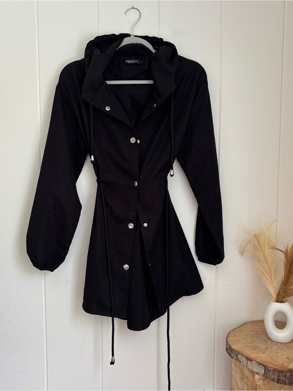 SHEIN Black Hooded Drawstring Trench Coat